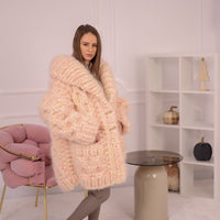 Chunky Cream Pink Melange Mohair Cardigan – Hand Knitted Oversized Sweater T2153