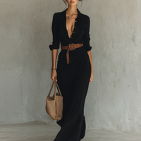 Ladies Lapel Single Breasted Long Sleeve Belted Maxi Dress MDA1500G4Y