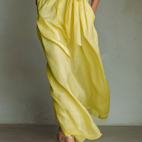 Women's Lemon Yellow Cotton And Linen Blend Maxi Shirt Dress With Tie Waist & Half Sleeves MDZ2884A4T