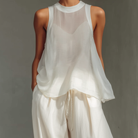 Women's Cream Two-Piece Set With Semi-sheer Chiffon Sleeveless Top & Cotton And Linen Blend Drawstring Wide-Leg Trousers MDZ1039C4T