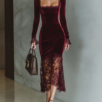 Women's Burgundy Velvet Lace Fitted Maxi Dress MDA1190J4T