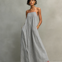 Women's Minimalist Striped Maxi Dress With Red Trim And Spaghetti Straps MDZ2710C3Y