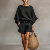 Women's Minimalist Linen Blend Lace Boat Neck Blouse And Shorts Set MDZ1635A9Y