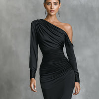 Women's Black Elegant Satin One - Shoulder Ruched Mermaid Maxi Dress MDA2278I0I