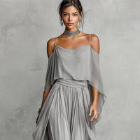 Women's Grey Breathable Chiffon Set With Cold-Shoulder Detail & Flared Silhouette, Contemporary Luxury-Feminine Style Set MDZ2651B6I