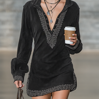 Women's Vintage Faux Suede Embroidered Shirt Collar Long Sleeve Mini Dress MDA1807I4Y