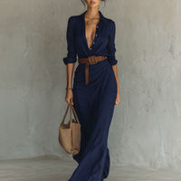 Ladies Lapel Single Breasted Long Sleeve Belted Maxi Dress MDA1500G4Y