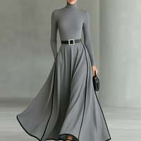 Women's Black Stitching White Trim High Collar Long Sleeve Tight Belt Maxi Dress MDA1031G0Y