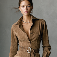 Women's Fashion Suede Single Breasted Lapel Long Sleeve Midi Dress MDA1867H7Y