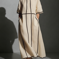 Women's Modern Linen Blend Beige Stand-Collar Half-Sleeve Contrast-Line Pocketed Maxi Dress MDA2924L4AU