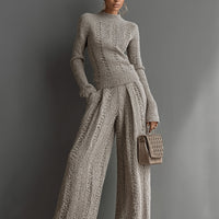 Women's Taupe Elegant Knit Textured Sweater & Wide - Leg Pants Set MDA1453H6I
