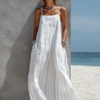 Women's Casual White Vertical Striped Woven Sleeveless Loose Long Dress MDZ0324C9AN