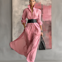 Women's Solid Color Lapel Long Sleeve Single Breasted Belt Maxi Shirt Dress MDA0917G0Y
