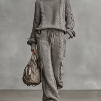 Women's Casual Cable Knit Turtleneck Sweater Cargo Pants Set MDA0958I2Y