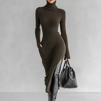 Women's Slim Fit Plush Knitted High Neck Side Slit Midi Dress MDA1401J4Y