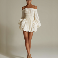 Women's Ivory Pleated Dress With Off-Shoulder Neckline & Ruched Waist, Timeless Sexy-Elegant Style Dress MDZ1305B8I