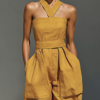 Women's Mustard Yellow Linen-Blend Jumpsuit With Crisscross Neckline & Relaxed Trousers MDZ2808B6T
