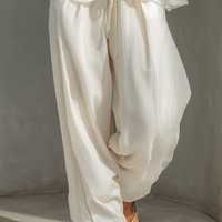 Women's Cream Two-Piece Set With Semi-sheer Chiffon Sleeveless Top & Cotton And Linen Blend Drawstring Wide-Leg Trousers MDZ1039C4T