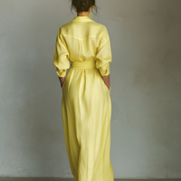 Women's Lemon Yellow Cotton And Linen Blend Maxi Shirt Dress With Tie Waist & Half Sleeves MDZ2884A4T