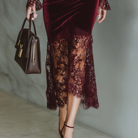 Women's Burgundy Velvet Lace Fitted Maxi Dress MDA1190J4T