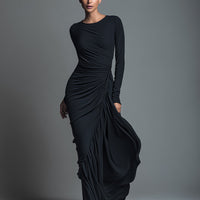 Women's Black Elegant Jersey Knit Ruched Maxi Dress MDA1541H1I