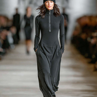 Women's Sports Cotton Blend Half-high Collar Zipper Loose Maxi Dress MDA3197G9Y