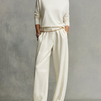 Women's Cream Tailored Wide-Leg Pants with Draped Silhouette & Belt Loops, Contemporary Effortless-Chic Style Pants MDA1509K4I