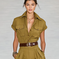 Women's Cotton Blend Lapel Single-breasted Short-sleeved Shirt Maxi Dress MDA1876G9Y