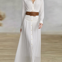 Women's Imitation Cotton And Linen Pleated Lapel Single-breasted Long-sleeved Maxi Dress MDA1768I7Y