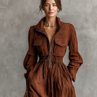 Women's Cotton And Linen Zipper Lapel Elastic Waist Maxi Dress MDA1964H8Y