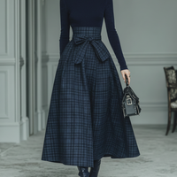 Women's Dark Blue High Elastic Knit And Plaid Wool Skirt Set MDA2592J7T