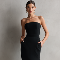 Women's Elegant Black Stretch Strapless Bodycon Midi Dress MDZ0669A6AN