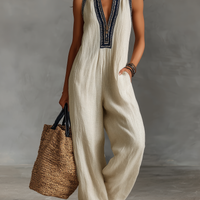 Women's Minimalist Linen Blend Sleeveless Jumpsuit With Zipper And Stand Collar, Featuring Embroidery MDZ0627B3Y
