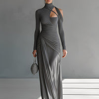 Women's Grey Silky Stretch Sophisticated Ruched Detail Cut-Out Maxi Dress MDA0546K6I