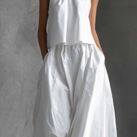 Women's Casual White Cotton And Linen Halter-neck Sleeveless Top And Skirt Set MDZ1269A6AN