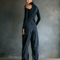 Women's Black Cotton One-shoulder Turtleneck Top And Blue-grey Denim Loose-fitting Overalls Set MDA2045K8T