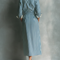 Women's Blue And White Cotton Blend Striped Shirt Dress With Red Chest Pocket MDZ1286C2T