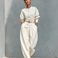 Women's Fashion Cotton And Linen Blend Crew Neck Long Sleeve Shirt Loose Trousers Set (belt Not Included)MDA2555G6Y