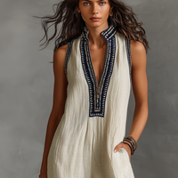Women's Minimalist Linen Blend Sleeveless Jumpsuit With Zipper And Stand Collar, Featuring Embroidery MDZ0627B3Y