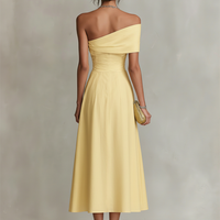 Women's Yellow Linen Dress With One-Shoulder Neckline & Fitted Waist, Timeless Elegant-Chic Style Dress MDZ2630B3I