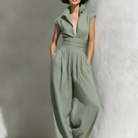 Women's Minimalist Linen Blend Jumpsuit With Cap Sleeves And Wide Legs MDZ0863A5Y