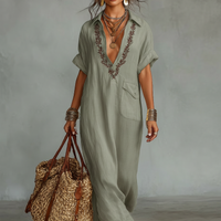 Women's Minimalist Linen Blend Embroidered Short-sleeved Shirt Maxi Dress MDZ0600A1Y