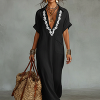 Women's Minimalist Linen Blend Embroidered Short-sleeved Shirt Maxi Dress MDZ0600A1Y