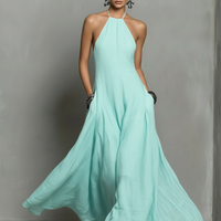 Women's Minimalist Linen Blend Halter Neck Sleeveless Maxi Dress MDZ2210A0Y