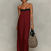 Women's Minimalist Linen-Blend Lace-Paneled Strapless With Spaghetti Straps Maxi Dress MDZ1926C9Y