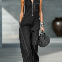 Women's Minimalist Loose-fitting White Trim Sleeveless Jumpsuit MDA3086L9Y