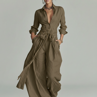 Women's Elegant Brown Woven Cotton-linen Long-sleeved Shirt Collar Jumpsuit With Belt MDA1965L9AN