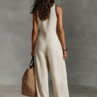 Women's Minimalist Linen Blend Sleeveless Jumpsuit With Zipper And Stand Collar, Featuring Embroidery MDZ0627B3Y
