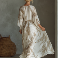 Women's Ivory And Taupe Chiffon Fabric Dolman Sleeve Maxi Dress With Twist Front & Palm Leaf Print MDZ0332B6T