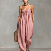 Women's Minimalist Loose-fitting Linen Blend Strapless Jumpsuit With Tie Closure MDZ2024A9Y
